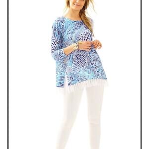 Lilly Pulitzer Ramona Fringe Sweater Brilliant Blue Tang Gang Women's Size M